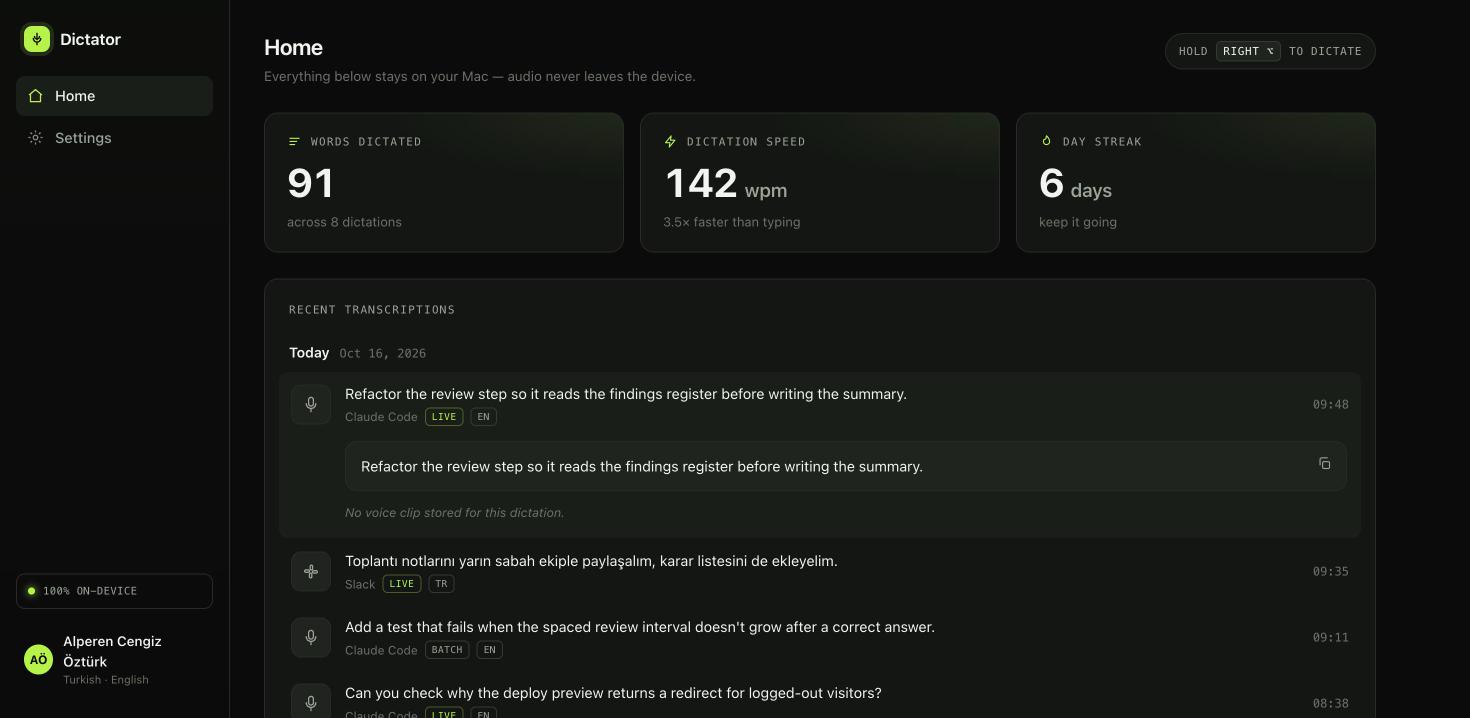 Dictator dashboard: words dictated, speed and streak, above a list of recent Turkish and English transcriptions