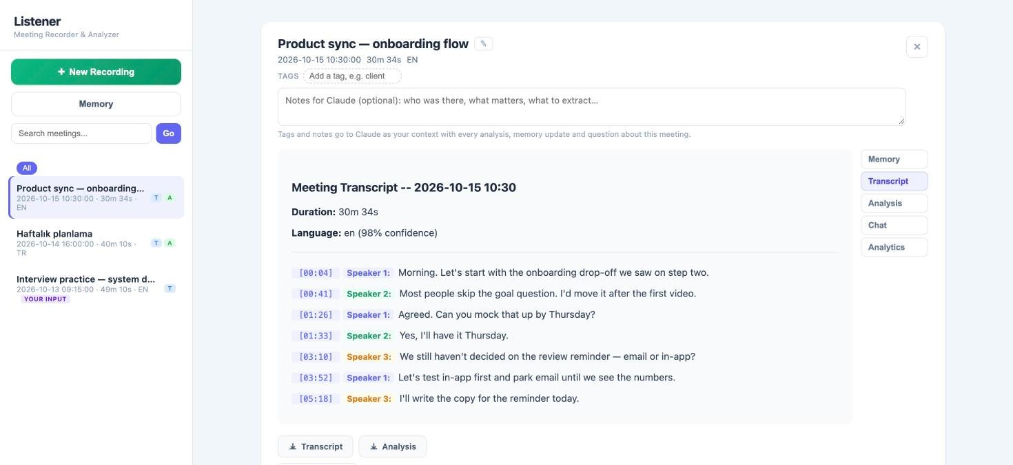 Listener meeting view: a transcript with timestamps and speaker labels, with tabs for memory, analysis, chat and analytics